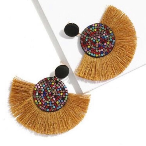 Large Mustard Yellowstone Gemstone Tassel Fringe Earrings - Picture 3 of 3